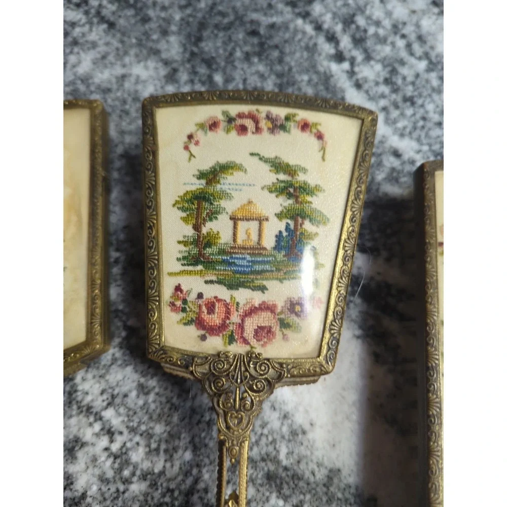 Vintage Floral Tapestry Back Gold Filigree Mirror & 2 Brush Vanity Set